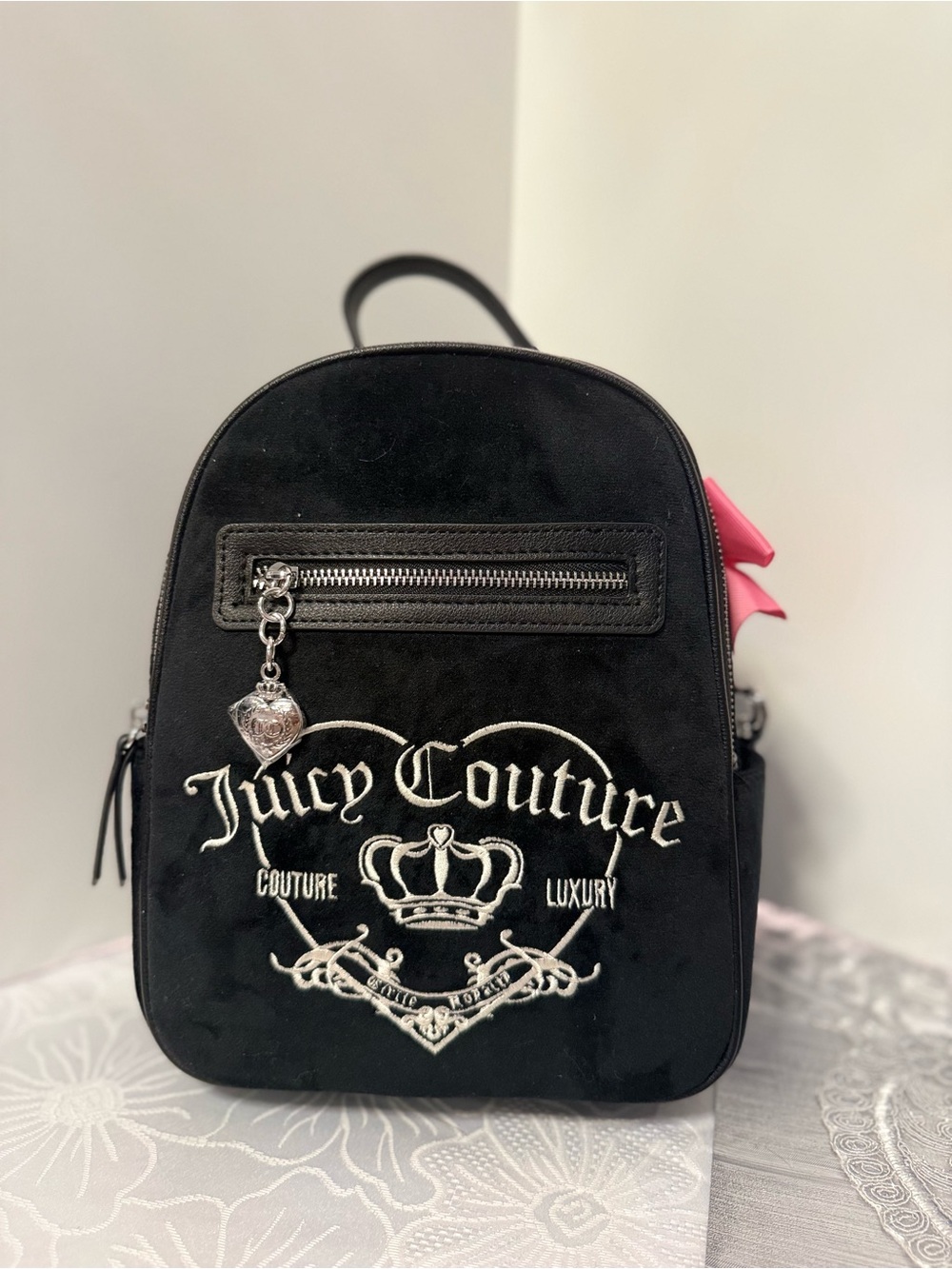 Juicy Couture Black Mini Suede Backpack with Pink Bow Accent